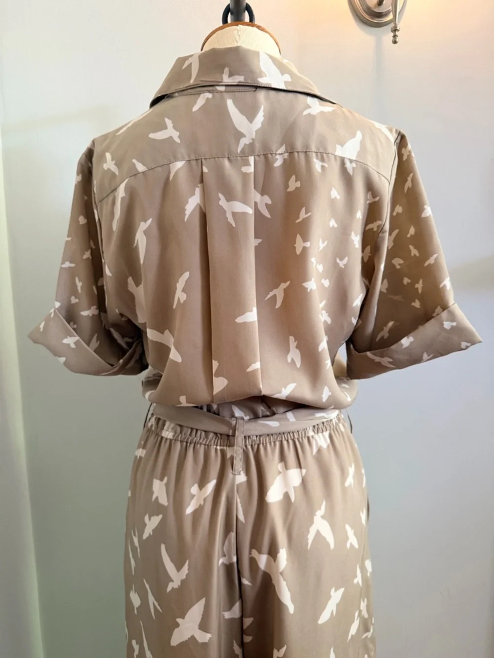 Corey Lynn Calter for Anthropologie Beige Bird-Print Tie-Waist Jumpsuit - Picture 7 of 9